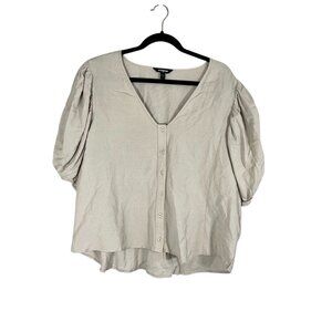 Neutral Linen Puff Sleeve Top Beige XL Boho Classic Chic Minimalist Preppy Y2K